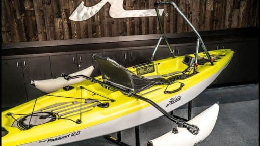 A Hobie Passport 12 with H-Bar installed for stand-up use and the Hobie Side Kick AMA float system for even greater stability.