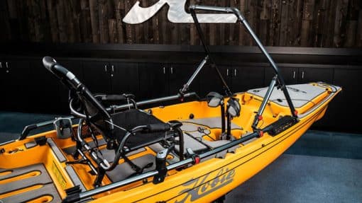 A Hobie Pro Angler fishing kayak with the H-Bar accessory installed to enhance stand-up fishing