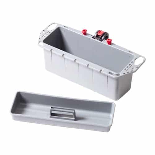 Hobie H-Rail Tackle Bin; A tckle and tool storage and organisation system for Hobie fishing kayaks. Colour grey with red accents. 1 large container with H-Rail mount and 1 removable tray