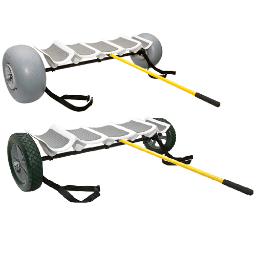 Hobie Island dolly for the transport of Aventure Island and Tandem Island sailing kayaks. Shown in 2 variants; Tuff Tire and Beach Wheel