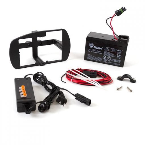 Hobie kayak fishfinder installation kit. Image shows all kit components including battery, battery mount, wiring kit and charger.