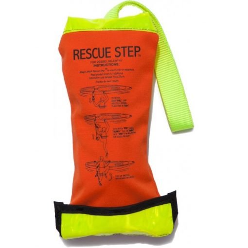 Kayak rescue step contained within its safety orange bag