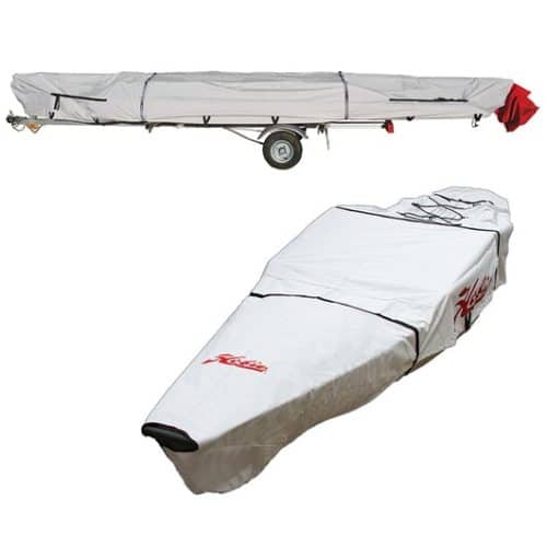 Hobie Kayak cover in off white colour. Shown fitted to a Hobie Kayak both on and off its trailer