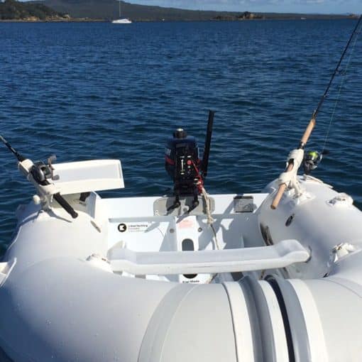 Railblaza Ribport accessory mounts used to install fishing rod holders and a bait table to an inflatable boat