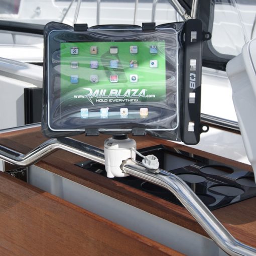 Railblaza Rail Mounted Starport used to mount a tablet to a grab rail on a motor yacht
