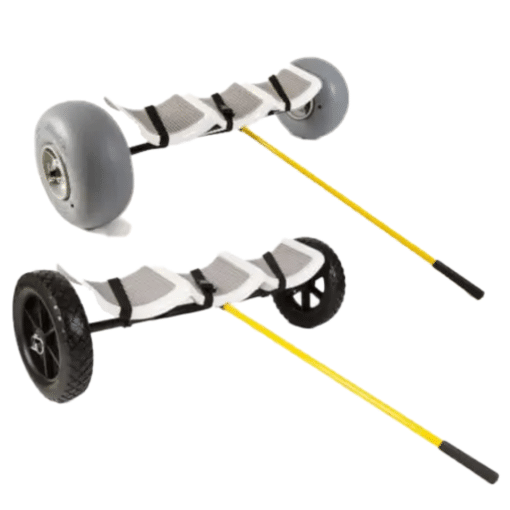 Hobie Pro Angler dolly for the transport of Pro Angler 12 and Pro Angler 14 fishing kayaks. Shown in 2 variants; Tuff Tire and Beach Wheel