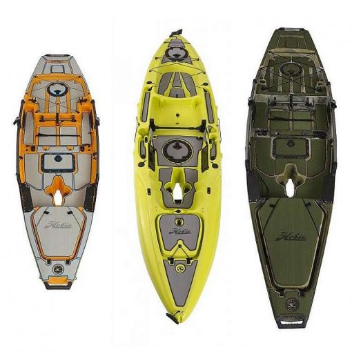 EVA deck pad kits for Hobie Kayaks. Image features Hobie Pro Angler 12, Pro Angler 14 and Outback model kayaks fitted with EVA deck pads in the 3 available colour combinations