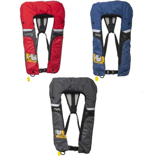 3 Hobie I-Yoke L150 Manual Inflating PFD Vests in colours ash-grey, red and blue