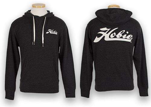 Hobie Script Unisex Hoodie in colour charcoal with white script logo. Shown front and back