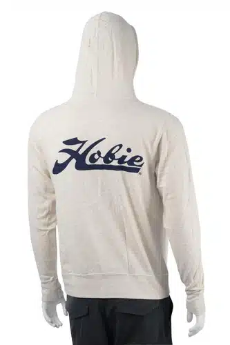 Hobie Script Unisex Hoodie in colour oatmeal with a large Hobie script logo in Navy Blue