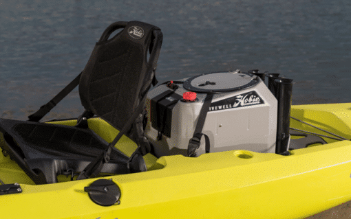 A Hobie Livewell V2 bait tank installed in the rear cargo area of a Hobie Compass fishing kayak