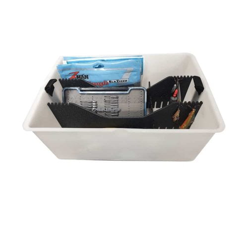 BerleyPro Rectangular Bucket Organiser shown in the Hobie Rectangular Hatch Drop In Bucket. Various tackle is orgainsed to display how the system works