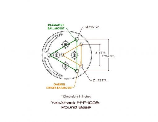 Technical drawing showing hole positions for the YakAttack Round Base Fish Finder Mount