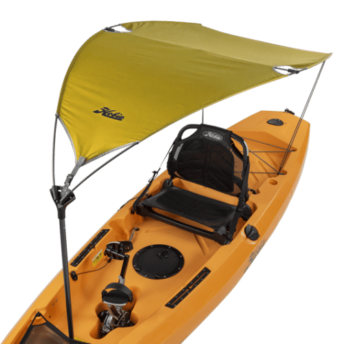 Hobie Kayak bimini installed on a Hobie Compass pedal kayak. Bimini colour Sun Yellow, kayak colour Orange Papaya