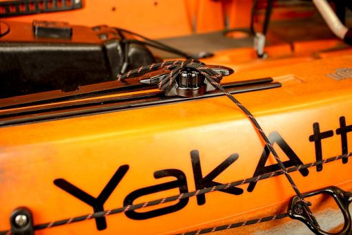 YakAttack's GT Line Cleat shown securing a kayak anchor line from YakAttacks LeverLoc anchor trolley system