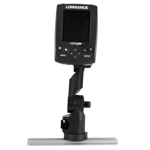 A lowrance fish finder display mounted on a YakAttack Fish Finder Mount for Lowrance Hook & Elite
