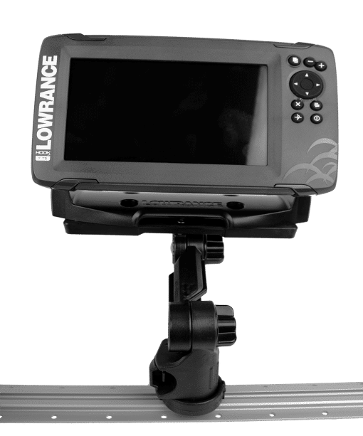 A Lowrance fish finder display mounted on a YakAttack Rectangular Fish Finder Mount