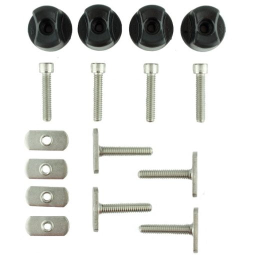 Complete contents of he YakAttack GearTrac Hardware Assortment Kit. Includes; 4 x Convertible Knobs, 4 x 1-1/2'' MightyBolts, 4 x Track Nuts, and 4 x 1-1/4'' Socket Head Cap Screws.