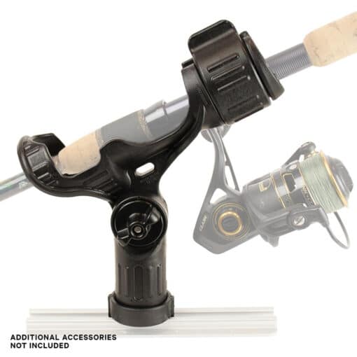 YakAttack Omega rod holder with GearTrac and fishing rod with spinning reel shown for example purposes