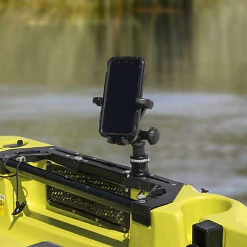 A Railblaza MiniPort TracMount used to mount a Railblaza Mobile Device Holder on a Hobie fishing kayak