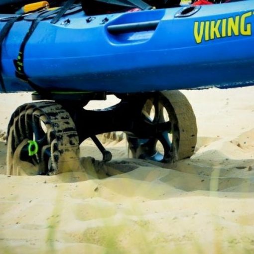 Railblaza C-Tug Kayak & Canoe Cart with SandTrakz wheels transporting a kayak across soft sand