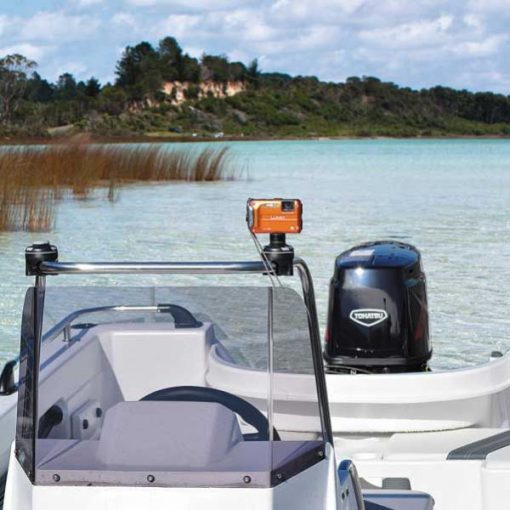 Railblaza Camera Mount Adaptor mounts a camera to a power boat