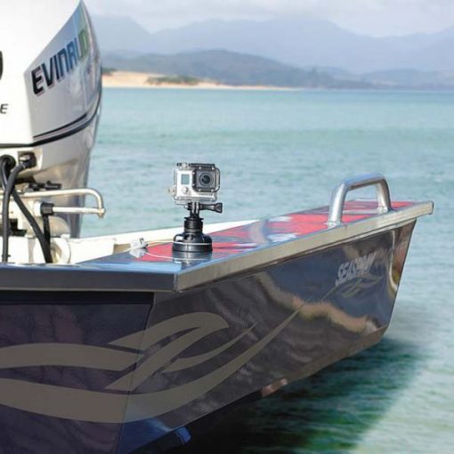 A Railblaza Camera Mount Adaptor is used to mount a Go Pro action camera to an aluminium fishing boat