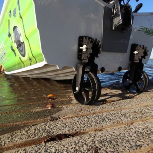 Railblaza Flip-Up Dinghy Wheels in use on an alloy dinghy