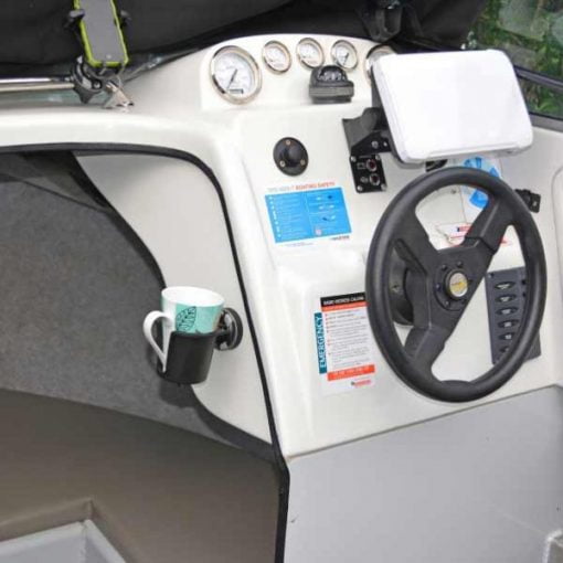 Railblaza DrinkHold Drink Holder mounted to the dash of a power boat