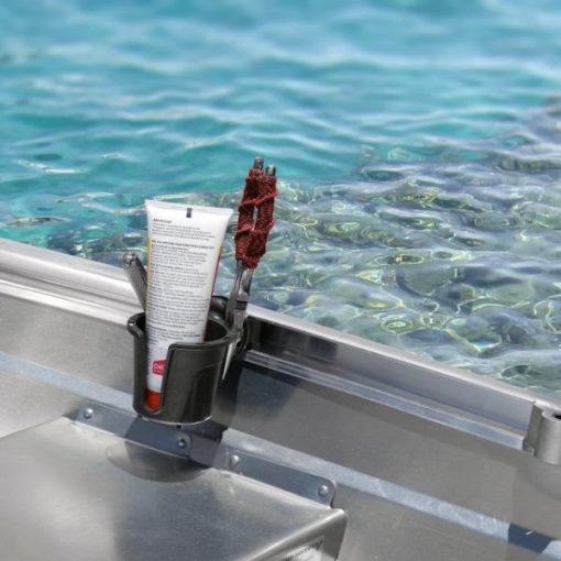 Railblaza Drink Holder mounted to the gunnel of an aluminium fishing boat