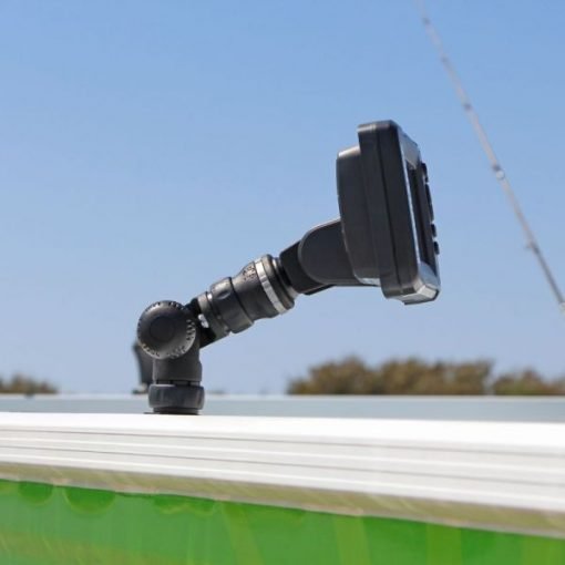 A Railblaza R-Lock Hook 2 fishfinder mount installed on an aluminium fishing boat