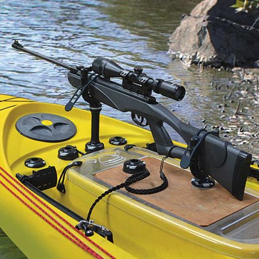 Railblaza GunHold gun mounting system used to mount a hunting rifle on a kayak
