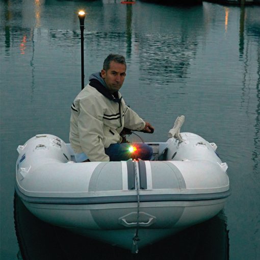 Railblaza Bi-Colour Navigation Bow Light mounted to the bow of an inflatable boat
