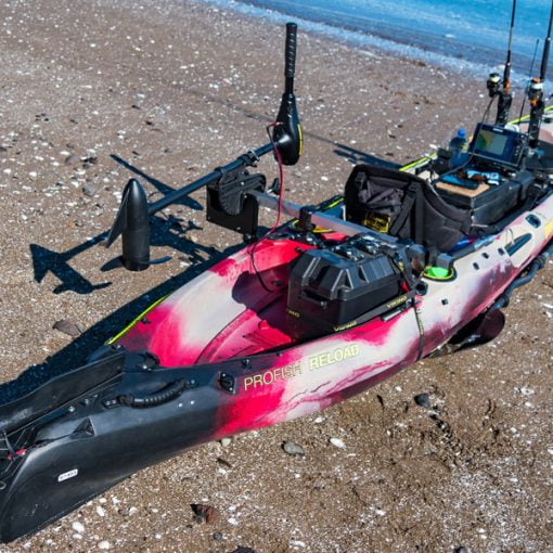 A Minn Kota electric motor mounted via a Railblaza Kayak Motor Mount to a kayak. Shown with the motor raised horizontally for beaching
