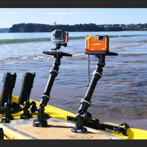 A GoPro action camera and a Lumix digital camera mounted to a kayak using two Railblaza Platform Boom 150 Pro Series mounting arms