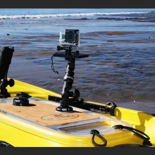 A GoPro action camera mounted to a kayak using a Railblaza Platform Boom 150 Pro Series