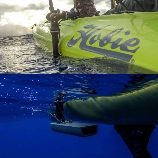 Above and below water image showing the Railblaza fishfinder and transducer mount in action on a Hobie fishing kayak