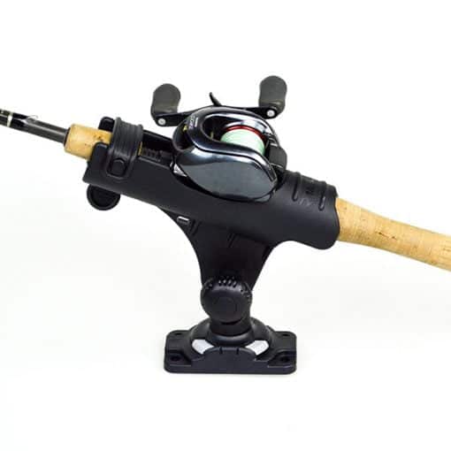 A Railblaza Rod Holder R housing a fishing rod with a baitcaster reel