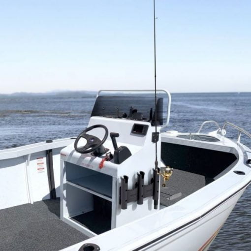 A Railblaza RodStow tripple vertical fishing rod holder mounted to the center console of an aluminium fishing boat