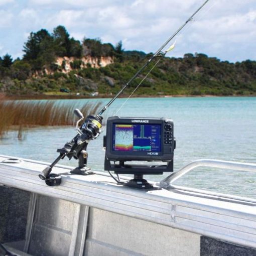 Railblaza Rotating Platform R is used to mount a Lowrance fish finder to an aluminium fishing boat