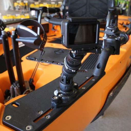An action camera mounted to a Hobie fishing kayak using a Railblaza TracLoader StarPort Mount