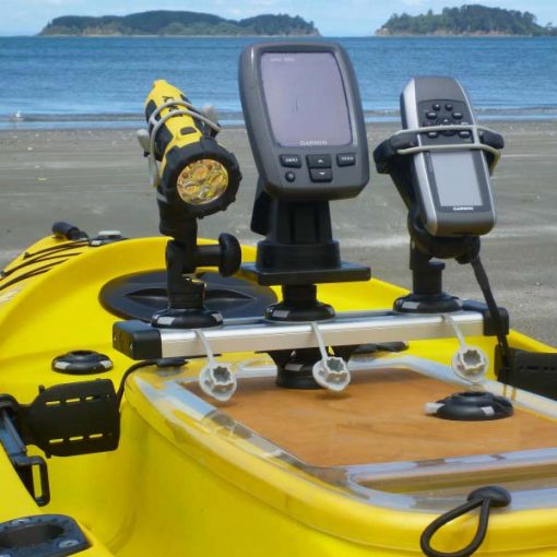 Railblaza TracPort Dash 350 used to mount a light, fishfinder and GPS unit to a kayak
