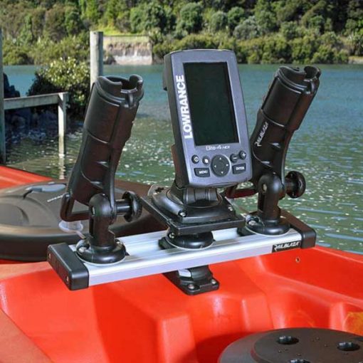 Railblaza TracPort Dash 350 used to mount two rod holders and a fishfinder on a kayak