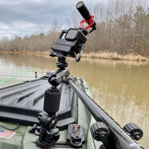 An action camera mounted on a fishing kayak using the YakAttack PanFish Portrait Pro Camera Mount