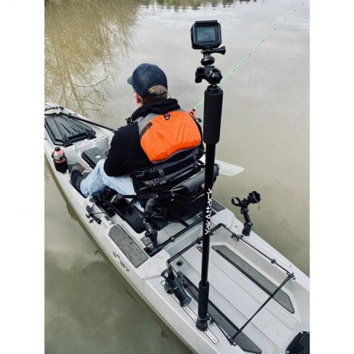 YakAttack BoomStick Pro Camera Mount in use to mount an action camera to a fishing kayak