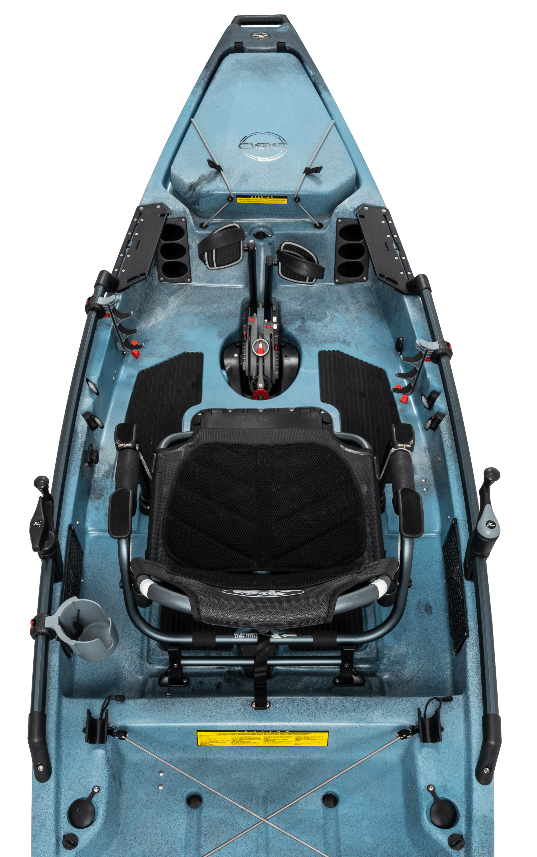 Top view of the bow of a Hobie Mirage Pro Angler 14 – 360 Fishing Kayak. Colour: Artic Blue with black accents. On display are the Vantage seat, Mirage Drive pedal system, as well as ample storage and mounting options