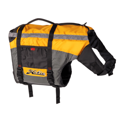 Hobie PFD life jacket for pets. Colours; yellow, grey and black with safety reflectors