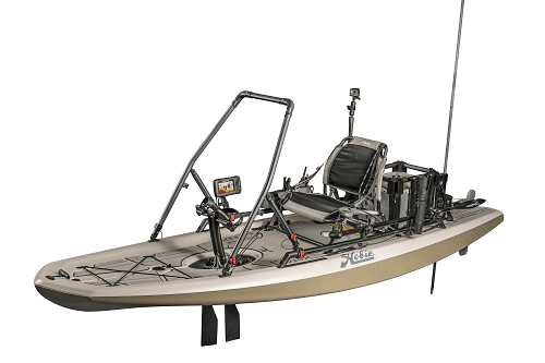 Hobie Lynx pedal kayak with EVA deck pads installed along with a number of other fishing focused accessories