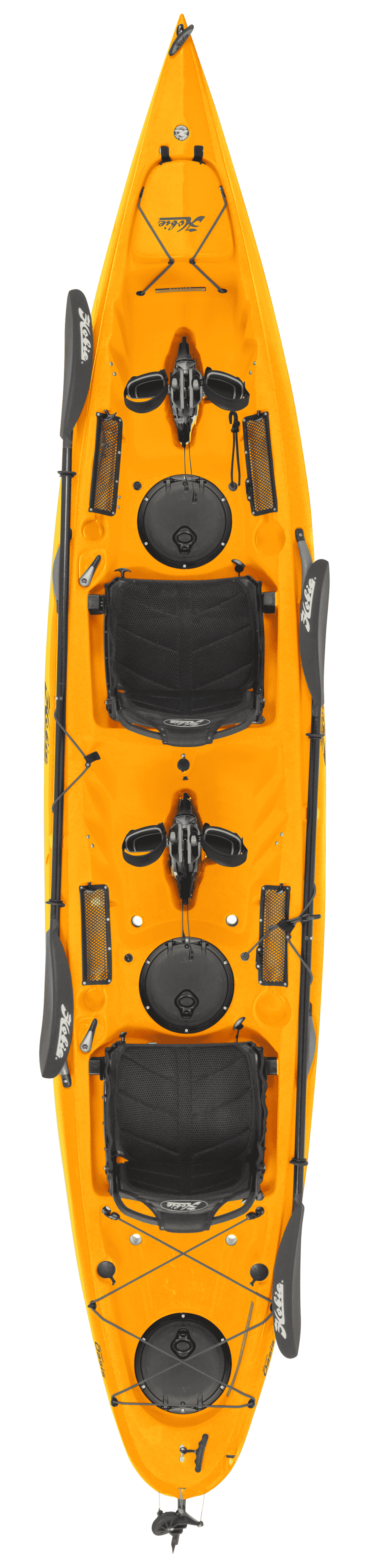 Hobie Oasis tandem pedal kayak top view showing deck layout and standard features. Colour: Papaya Orange