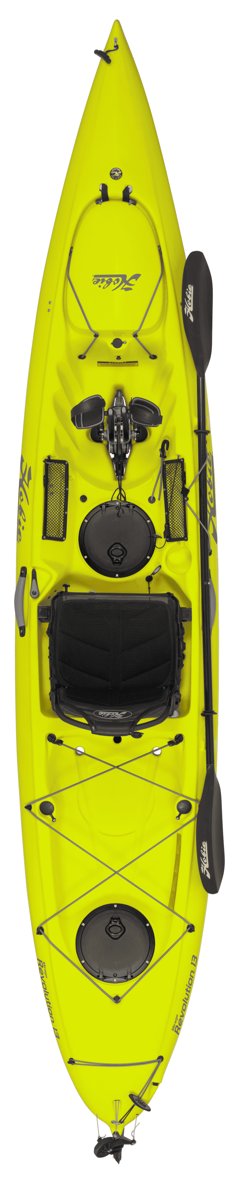 Hobie Revolution 13 pedal kayak top down view showing deck and cockpit features. Colour: Seagrass